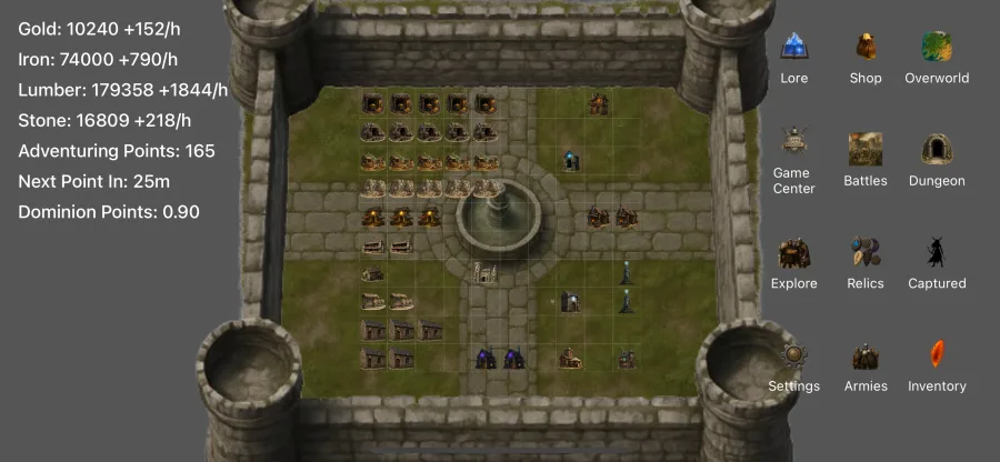 Developed castle stronghold with resource totals, buildings, and navigation
