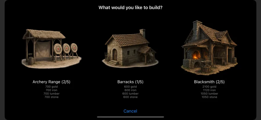 Construction choices including Archery Range, Barracks, and Blacksmith
