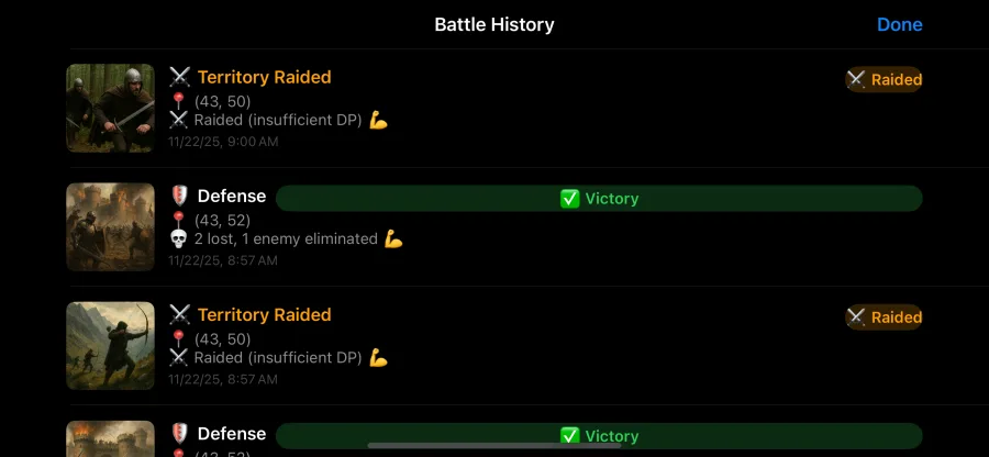 Battle History showing raids, successful defenses, casualties, and territory coordinates