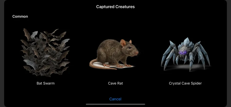 Captured Bat Swarm, Cave Rat, and Crystal Cave Spider