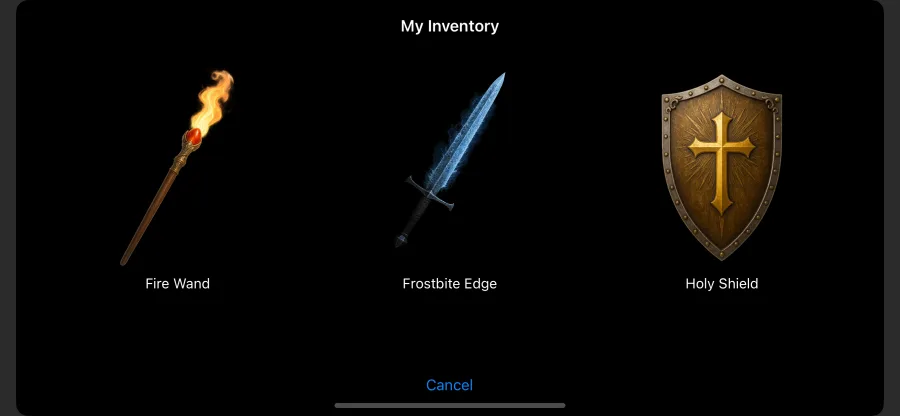 Inventory showing a Fire Wand, Frostbite Edge, and Holy Shield