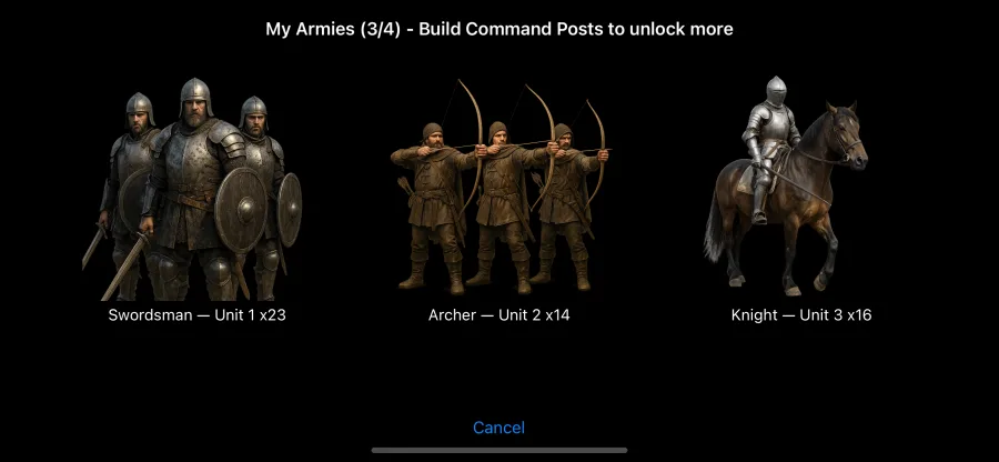 Three armies made up of swordsmen, archers, and mounted knights