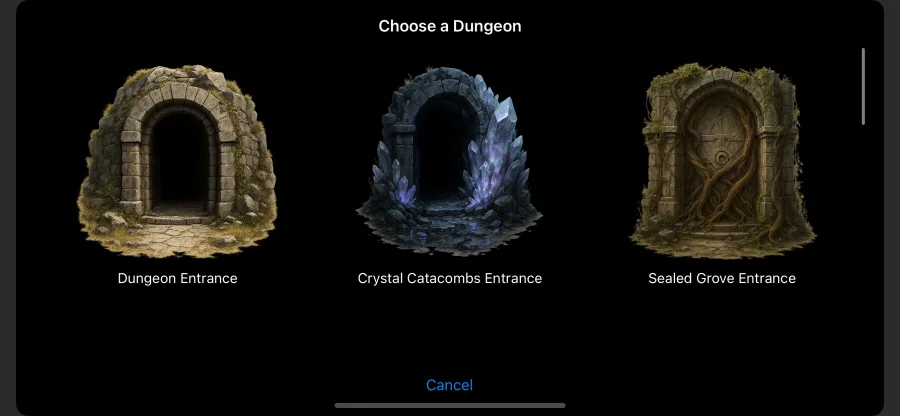 Dungeon choices including ancient stone, crystal, and overgrown entrances