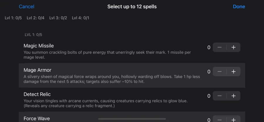 Spell preparation screen with Magic Missile, Mage Armor, Detect Relic, and Force Wave