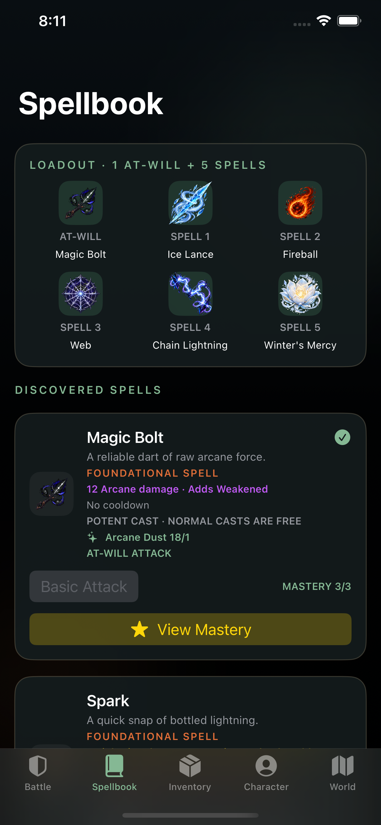 Spellbook showing a six-spell loadout and discovered spells