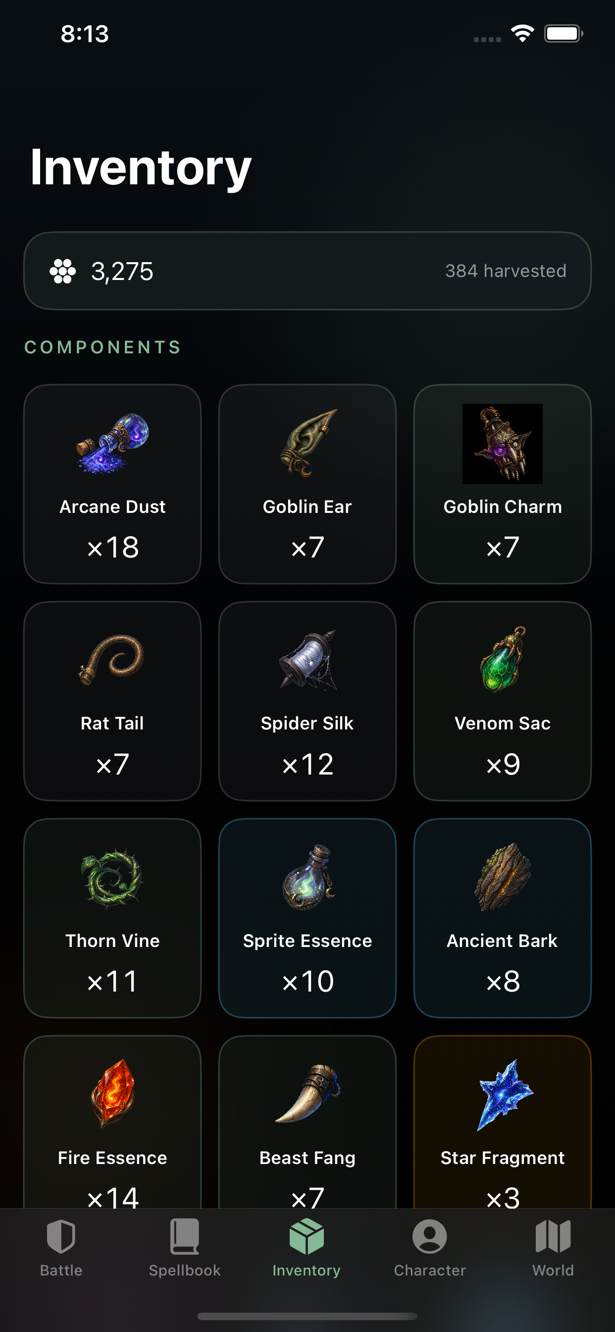 Inventory filled with harvested magical components including arcane dust, spider silk, and elemental essences