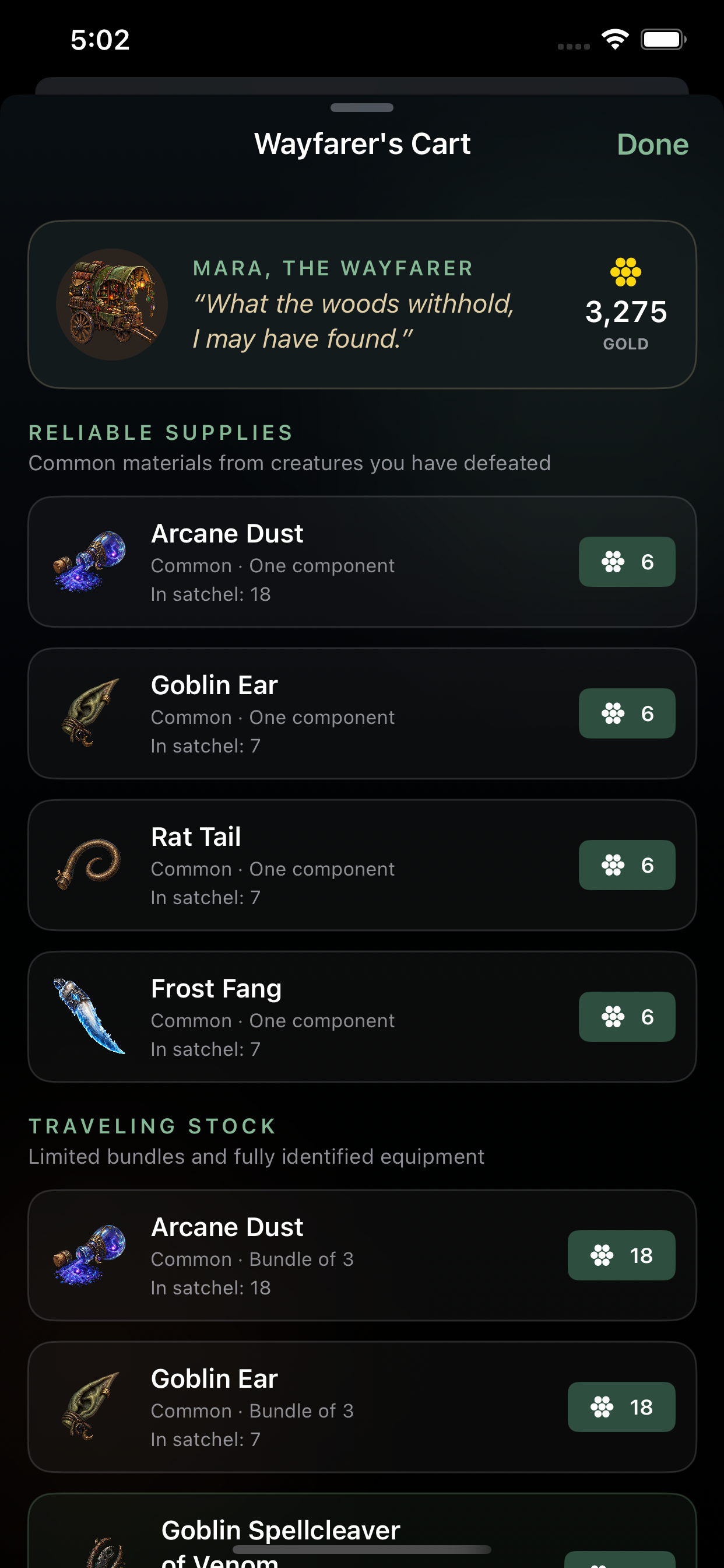 Mara the Wayfarer's traveling merchant cart with supplies and equipment for sale