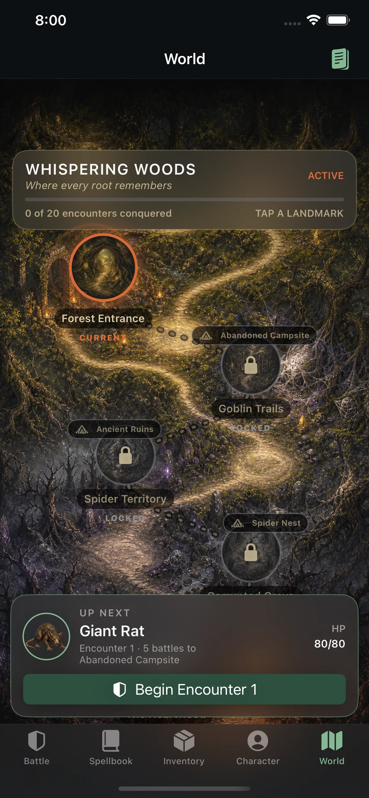 A winding forest world map in Spellharvest